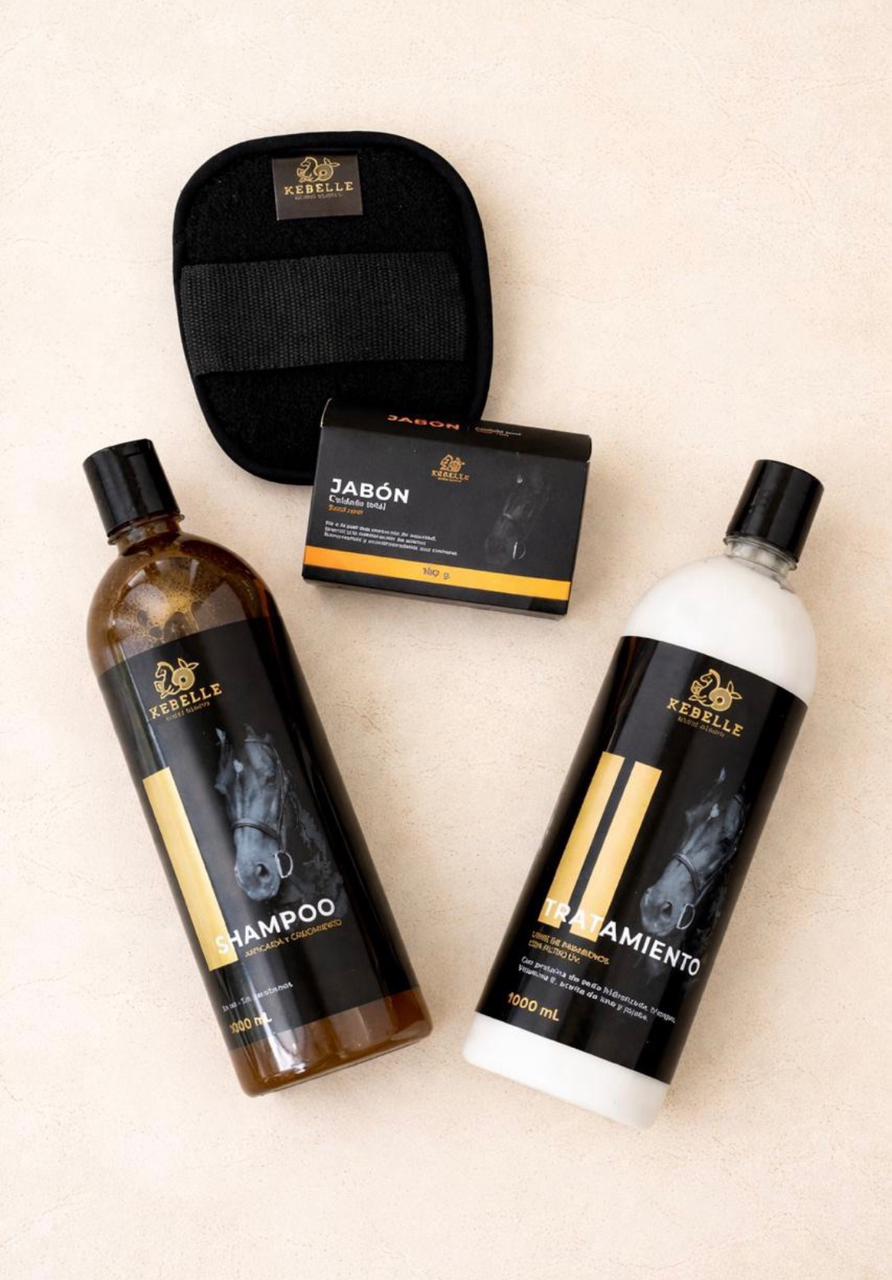 Kit Cuidado Equino | Shampoo + Tratamiento + Estropajo + Jabón caléndula